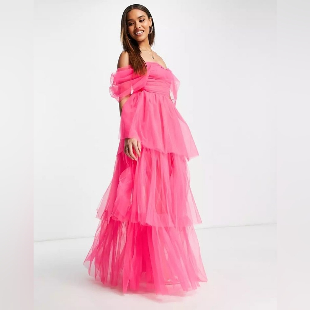 Lace & Beads off shoulder tulle maxi dress in bright pink